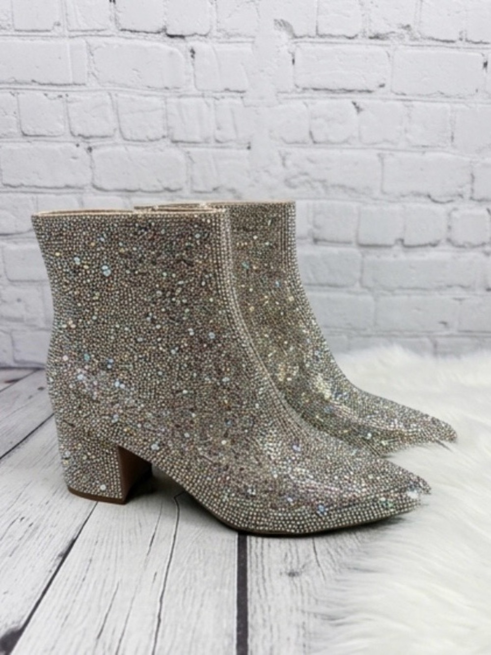 Betsey Johnson Silver Crystal Embellished Pointed Ankle Boots ‘Blue’ - Picture 7 of 9